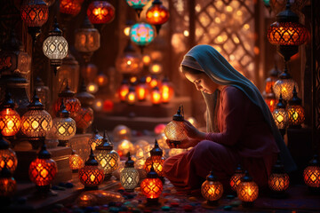 pious Muslim woman among colorful Arabic lamps, generative AI