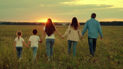 Active Family walks on green grass in meadow in autumn. Happy family, child, walk through summer field holding hands. Mom dad daughter together, nature. Parents, children are walking in park at sunset