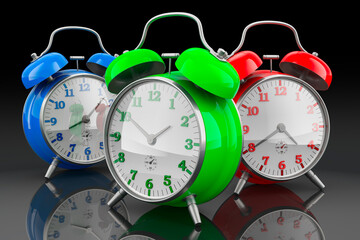 Colored alarm clocks, 3D rendering on dark backdrop