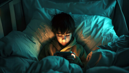 Fototapeta na wymiar A child lying in bed illuminated by the light from a smartphone