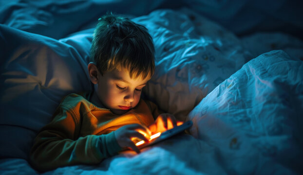 A Child Lying In Bed Illuminated By The Light From A Smartphone