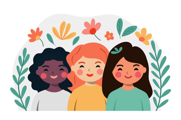 Diverse friendship and unity. Three girls, diverse ethnicities, with a floral backdrop. Flat illustration