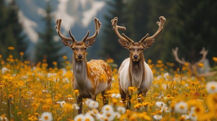 Two Stags in a Blooming Meadow