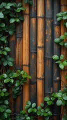 Vine Leaves on Aged Bamboo Fence