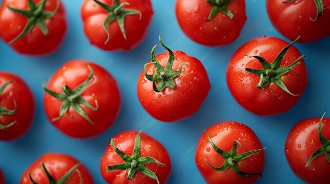The ultra high definition blue background images with tomatoes look amazing and attractive. Arrange the tomatoes so that they look beautiful.