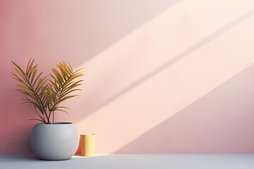 Bold minimalism interior. Minimalistic interior in a pink wall tone tone solution in candy pastel colors of pink and yellow with two tropical palm. Free empty wall background for design in retro style