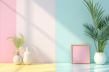 Bold minimalism interior. Minimalistic interior with frame in a three-color solution in candy pastel colors of pink, yellow and blue with fern, palm. Free empty background for design in retro style