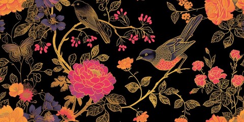 Elegant floral illustration with colorful birds and flowers on a black background with gold accents. Elegant botanical wallpaper.