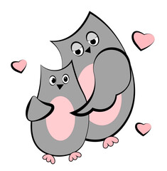 Owl and owlet on white background