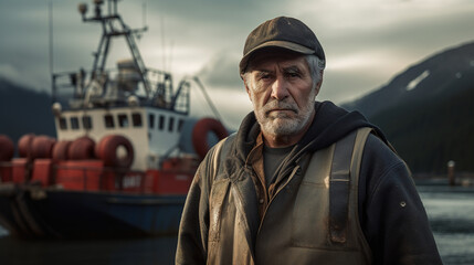 portrait of a stern, unshaven northerner, captain of a sea tug, against the backdrop of mountains and the Arctic Ocean - obrazy, fototapety, plakaty