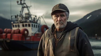 Muurstickers portrait of a stern, unshaven northerner, captain of a sea tug, against the backdrop of mountains and the Arctic Ocean © Ekaterina