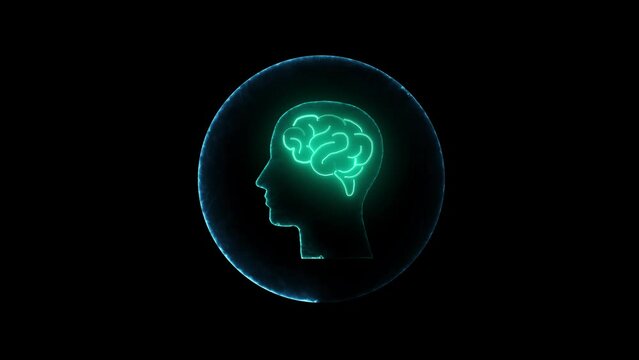 Neon brain icon animation. Futuristic glowing polygonal diagram of the human brain in the form of connected lines.Abstract circuit brain animation.