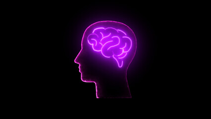Neon brain icon animation. Futuristic glowing polygonal diagram of the human brain in the form of connected lines. Abstract circuit brain animation.