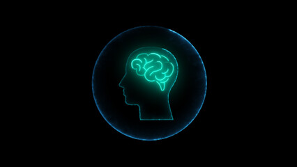Neon brain icon animation. Futuristic glowing polygonal diagram of the human brain in the form of connected lines. Abstract circuit brain animation.