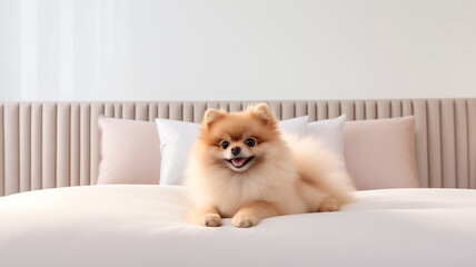 Happy smiling pomeranian spitz dog lying on large bed in pet friendly hotel room. Banner, copy space