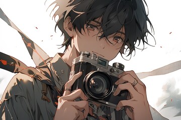 handsome anime guy photographer holding a retro camera in his hands on a white background - obrazy, fototapety, plakaty