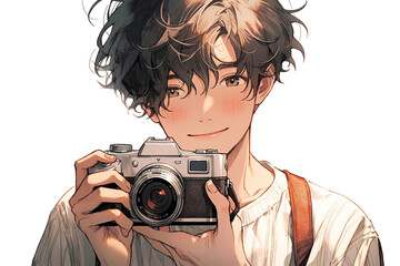 handsome anime guy photographer holding a retro camera in his hands on a white background - obrazy, fototapety, plakaty