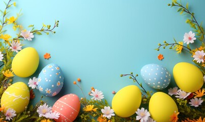 Easter background for the presentation. banner. Colored Easter eggs on a bluish background