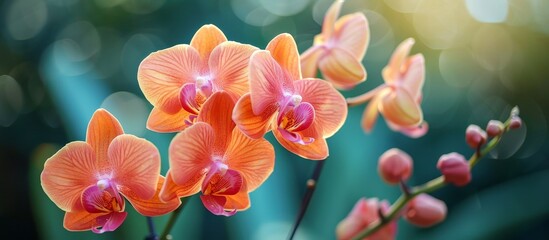 A macro photograph capturing the vibrant beauty of orange orchids, showcasing their petals and the terrestrial plant against a green background.