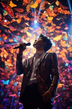 vertical image Asian k-pop idol young man on stage singing into a microphone on bright concert bokeh background