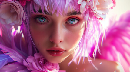 Obraz premium Digital 3D artwork featuring a beautiful young woman adorned with pink hair, blue eyes, and cream-colored flowers in her hair