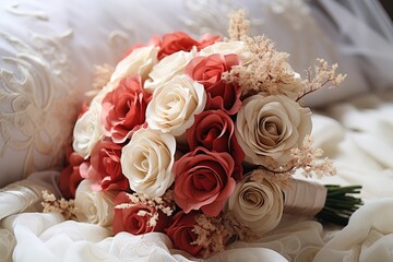 closeup beautiful bridal bouquet of white and red roses on a white bed. Happy wedding concept.