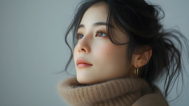 The image is a portrait of a woman posing side-profile to the camera. She is dressed in a stylish, oversized beige turtleneck sweater, which drapes elegantly over her slim frame.