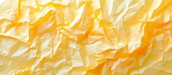 Obraz premium A close-up of a crumpled yellow paper reveals an Amber hue, resembling a dish or ingredient in cuisine, with shades of Orange and hints of wood texture in its pattern.