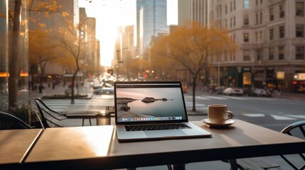 outdoor office with laptop and coffee up on desk at Financial District, Manhattan while businessman go outside from his office.