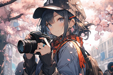 portrait of a cute smiling anime girl photographer with a professional camera in spring park - obrazy, fototapety, plakaty