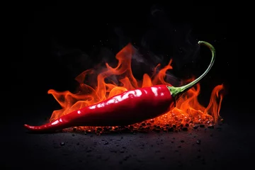 Tuinposter closeup red hot chili pepper burns on fire on a black background © Маргарита Вайс