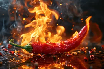 Fototapete Scharfe Chili-pfeffer closeup red hot chili pepper burns on fire