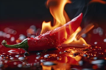 Poster Im Rahmen closeup red hot chili pepper burns on fire on a red background © Маргарита Вайс