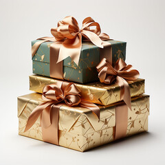 A set of gifts in festive packaging with lush satin bows. Generative AI technology.