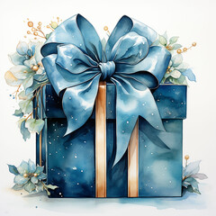 Watercolor gift in festive packaging with a lush satin bow. Generative AI technology.