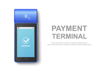Vector 3d Realistic Blue NFC Payment Machine with Approved Status. Design Template for Bank Payment Contactless Terminal. Mockup of a Payment POS Terminal. Top View