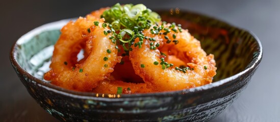 A delectable dish of fried shrimp, a popular seafood ingredient, served in a close-up shot on a table. This delectable comfort food is a must-try!