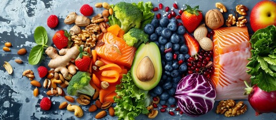 3D illustration elements portray the concept of brain food nutrition, which consists of nuts, fish, vegetables, and berries packed with omega 3 fatty acids, vitamins, and minerals for mind and memory - obrazy, fototapety, plakaty