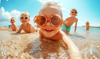 Funny blonde hair kids portraits in ridiculous sunglasses smiling and taking selfies using smartphone on ocean sandy vacation day. Kids' beauty, fashion,fanny summer beach vacation and skin care image - obrazy, fototapety, plakaty