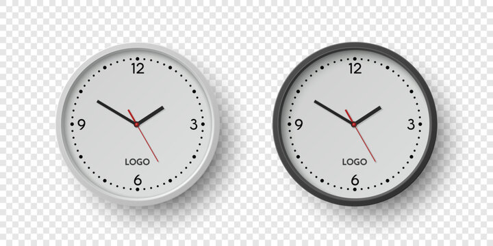 Vector 3d Realistic Round Wall Office Clock Set. White and Black Dial Closeup Isolated. Design Template, Mock-up for Branding, Advertise. Simple Minimalistic Wall Clocks in Front View