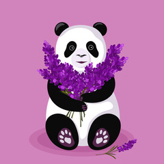 Happy birthday with flowers, lavender flowers, congratulations, cute panda with flowers .illustration, vector.
