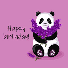 Happy birthday with flowers, lavender flowers, congratulations, cute panda with flowers .illustration, vector.