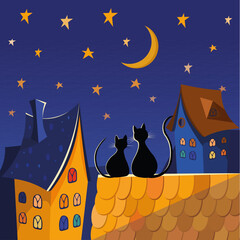 Two black cats on a roof are looking on stars and the moons at night.