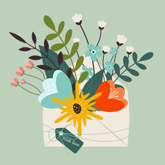 Flowers in a white envelope, gift, congratulations , flowers on a light green background