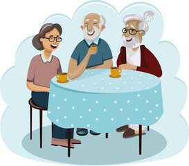 Two old men and an old woman have a conversation at the around table.