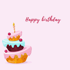 vector illustration, birthday cake with cherries and candle. Happy birthday . Holiday dessert