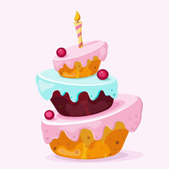 vector illustration: birthday cake with cherries  and candle . Happy birthday . Holiday dessert .