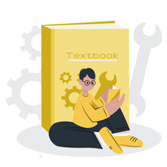 Tools, textbook, training. Guy in a yellow jacket and glasses is studying . The Big Yellow Book