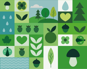 illustration of ecology with elements of natural materials: greenery, berries, flowers, trees, water, love for nature and the environment 