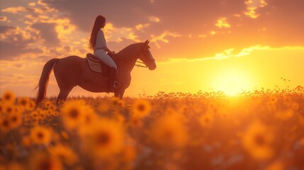 Person Riding Horse in Sunflower Field - obrazy, fototapety, plakaty